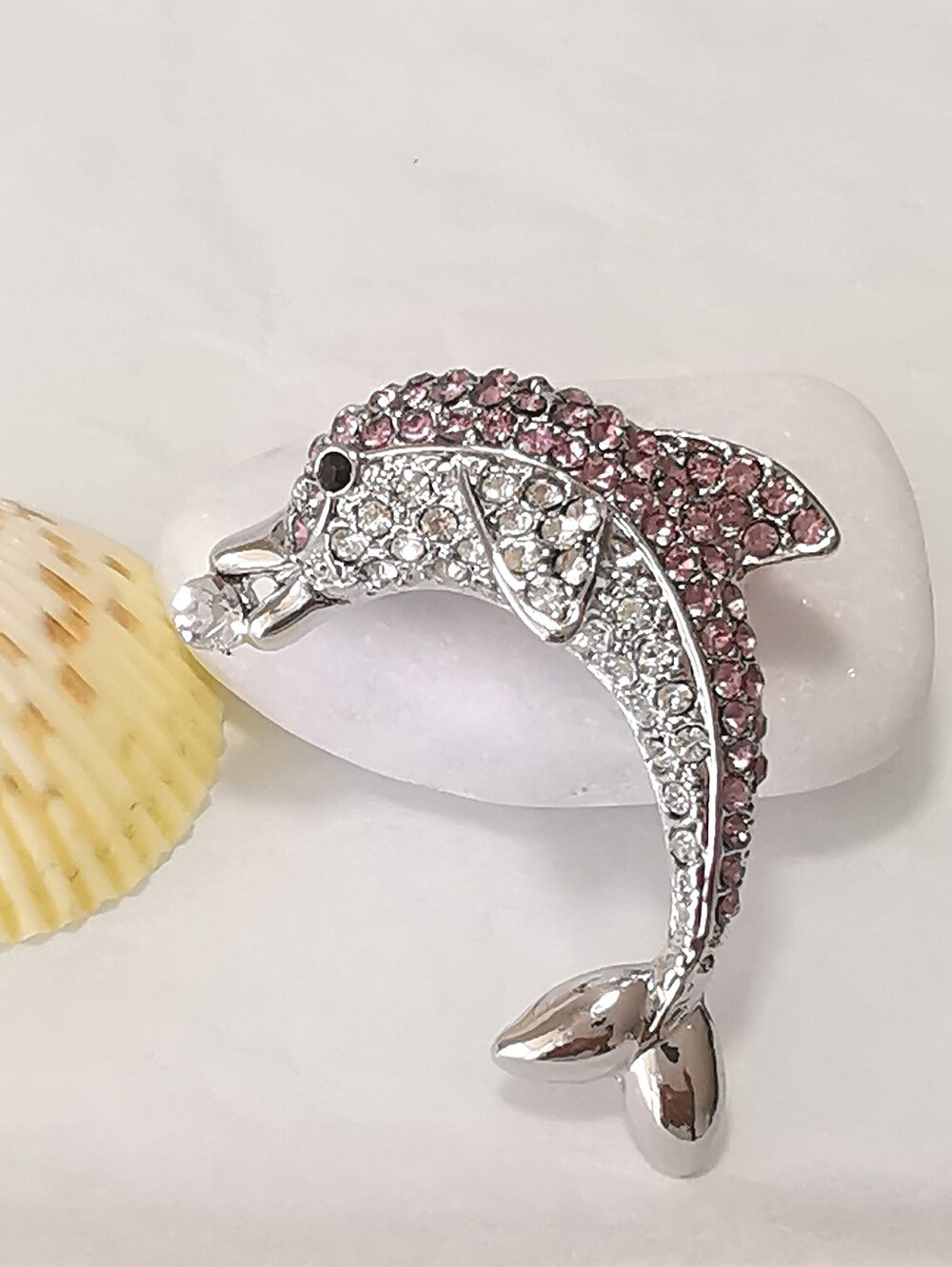 Silver Pink Clear Crystal Dolphin Brooch pin 🆕